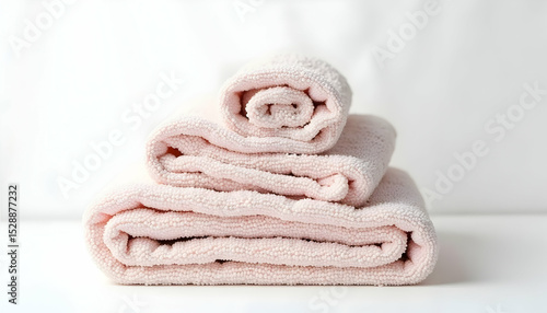 Stack of Pink Bath Towels Clean and Soft on White Surface