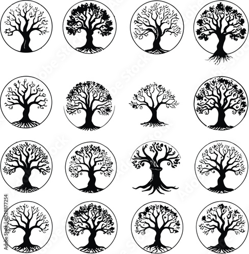 Collection of vector black and white tree of life illustrations in circular frames.