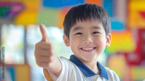A happy Asian child smiles and gives a thumbs-up, radiating joy and approval.