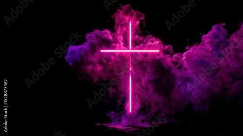A purple cross is lit up in a purple smoke
