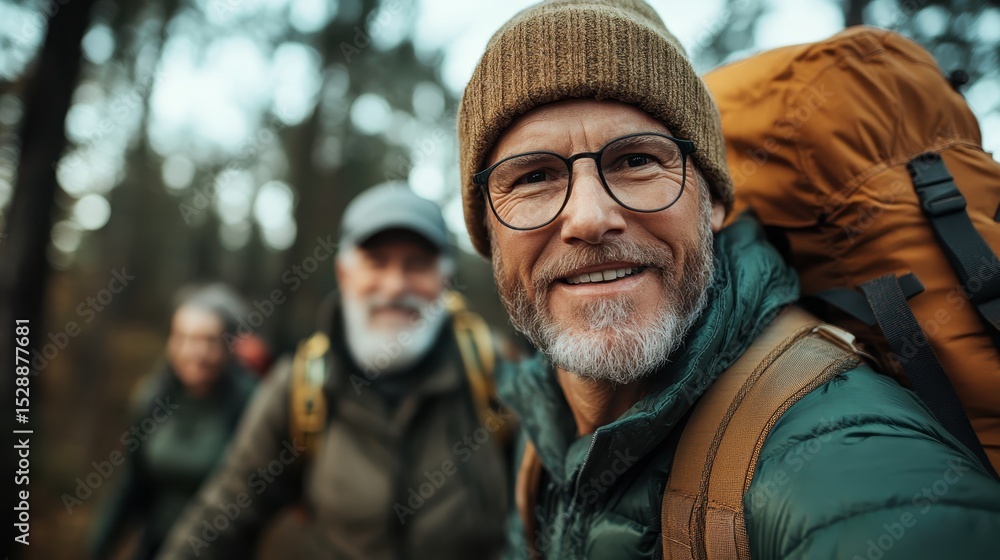 Fototapeta premium This captivating image depicts a group of hikers with cheerful expressions, enjoying a picturesque outdoor environment, reflecting camaraderie and a love for adventure in nature.