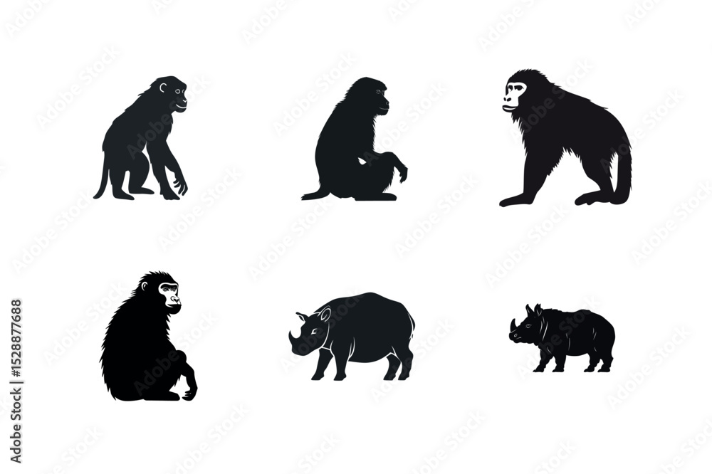 Naklejka premium Silhouette set of monkeys and rhinos