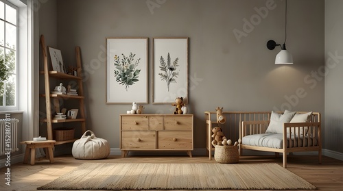 Mock up frame in children room with natural wooden furniture, Farmhouse style interior background, 3D render. generative.ai