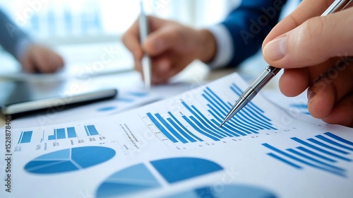 Business executives discussing an economic analysis report with market trends and corporate finance strategies overlay cut out on isolated transparent removed background