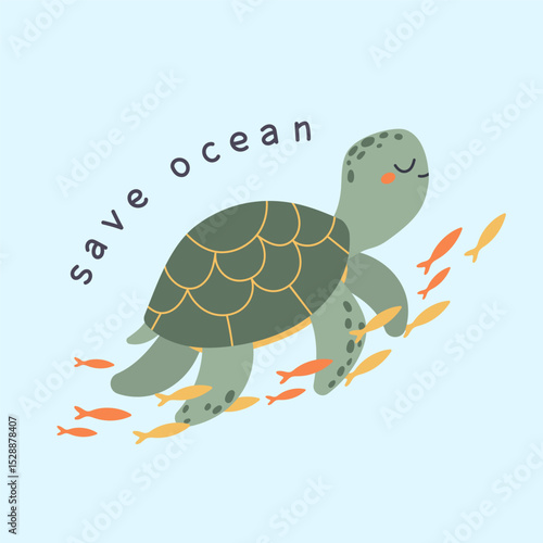 Cute turtle with save ocean lettering. Sea turtle vector illustration. Marine animal. Children's illustration in cartoon style. Underwater life. Blue isolated background.