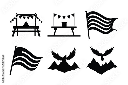 Set of vector mountain icons with sun and star symbols, ideal for travel and nature holiday design