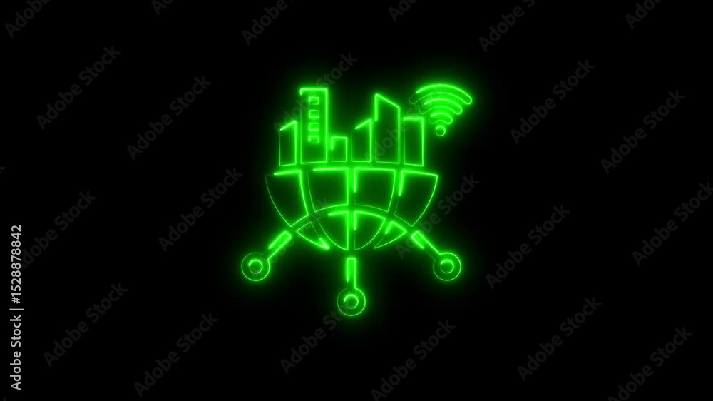 Green neon smart city connected globally with wireless communication on black background Green neon smart city connected globally with wireless communication on black background