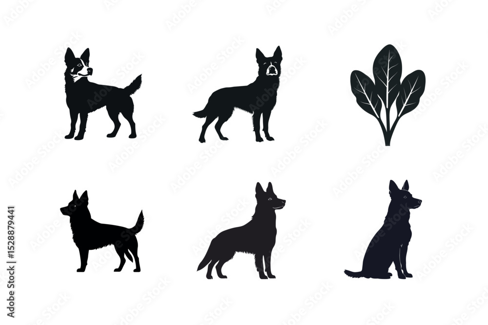Black silhouettes of dogs and spinach leaves Black silhouettes of dogs and spinach leaves