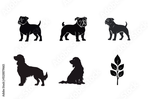 Silhouette set of bulldogs and cocker spaniels