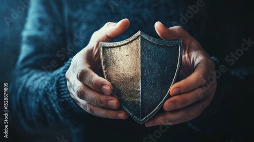 A person's hands holding a shield with a dark background