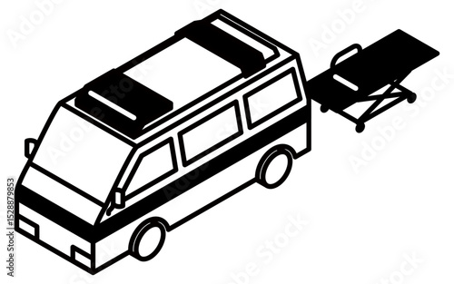 救急車と担架のシンプルな線画アイソメトリックイラスト
