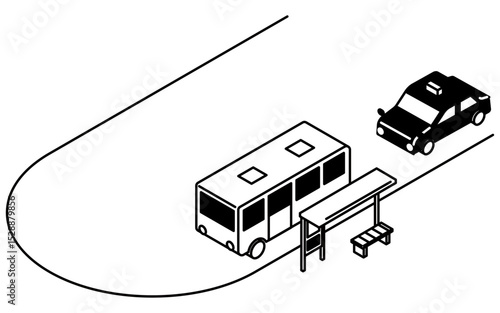 バス停のあるロータリーにバスとタクシーが停車しているシンプルな線画アイソメトリックイラスト