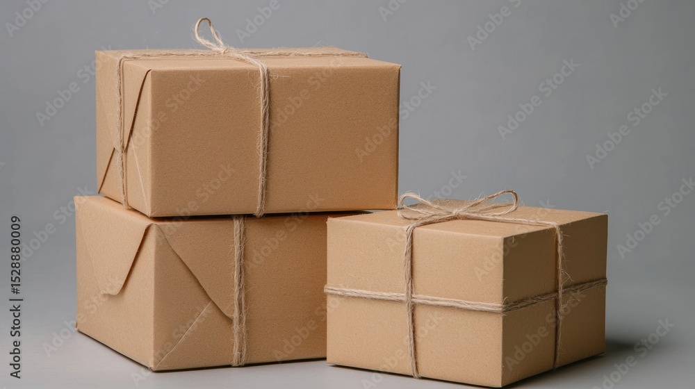Obraz premium Three cardboard boxes tied with string, stacked on top of each other, with a gray background.