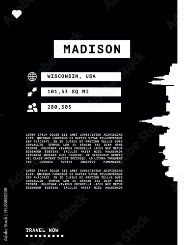 Madison, Wisconsin vector infographics, brochure black and white layout. Guide, leaflet, flyer, graphic template with text, information, skyline contour. Page, festival, cover mock up image for USA