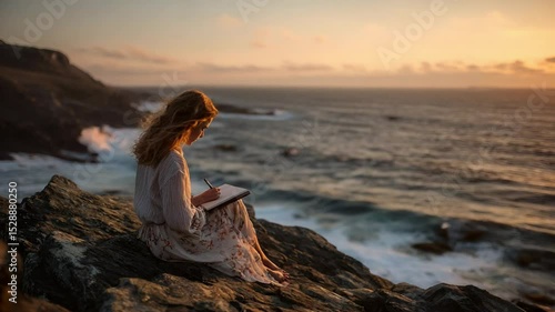 A Writer's Retreat: A woman with a notepad sits at the edge of cliff, seemingly immersed in her writing, with the sea in the background reflecting the warm glow of the setting sun.