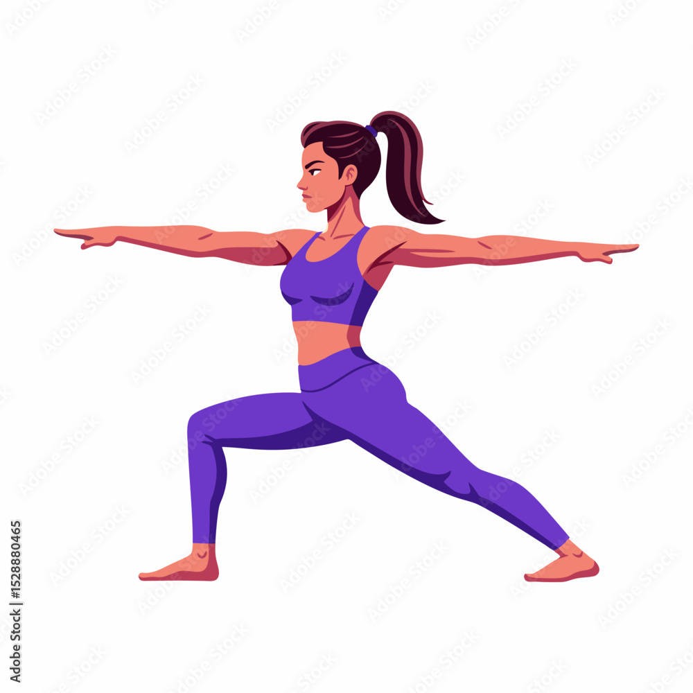 Fototapeta premium Strong Female Yogi in Virabhadrasana II Pose Detailed Vector Art for June 21st Yoga Day Celebrations and Wellness Themes.