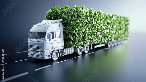 A white truck with green leaves on its sides driving down a road.