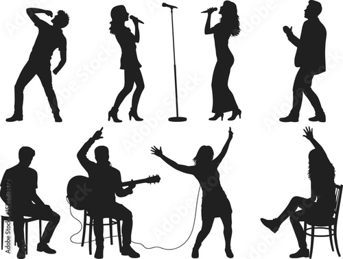 Vector illustration of people silhouettes including men women and children in various dynamic poses like dancing jumping running and playing activities