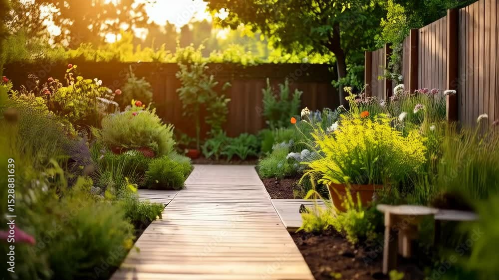 Idyllic sunny garden scene with flowerbeds, wooden walkway, plants, and fence in a home backyard during golden hour Idyllic sunny garden scene with flowerbeds, wooden walkway, plants, and fence in a home backyard during golden hour