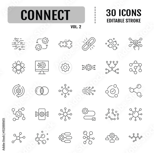 Connect icon set. Containing network, join, collaboration, connectivity, interaction, cable, integration and connection icon. Vector illustration
