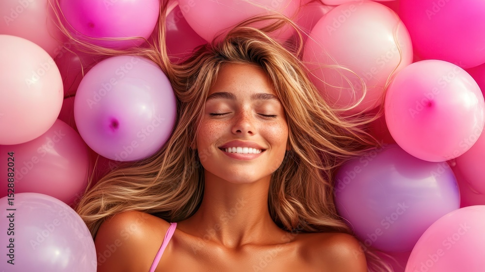 Obraz premium A joyful young woman lies among vibrant pink and purple balloons, showcasing a moment of happiness and relaxation, perfect for conveying emotions of joy and celebration.