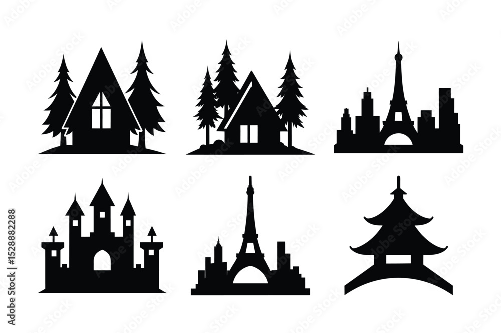 Fototapeta premium Black vector silhouette of a city skyline with architectural landmarks like a church, tower, and castle, perfect for illustrating urban travel in Europe