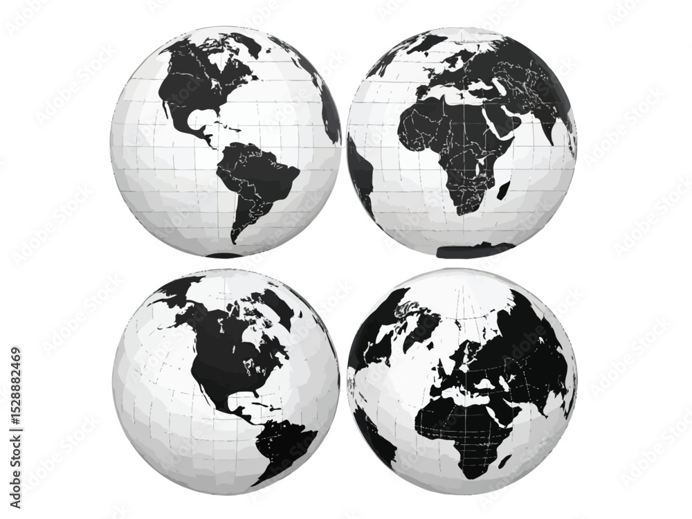 Vector Globe Rotation Views Showing Continents in Monochrome Style Vector Globe Rotation Views Showing Continents in Monochrome Style