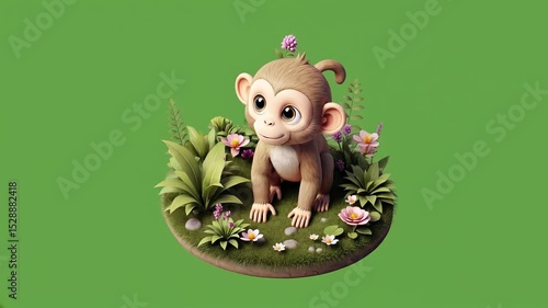 A cute cartoon monkey sits amidst lush greenery and colorful flowers, smiling.
