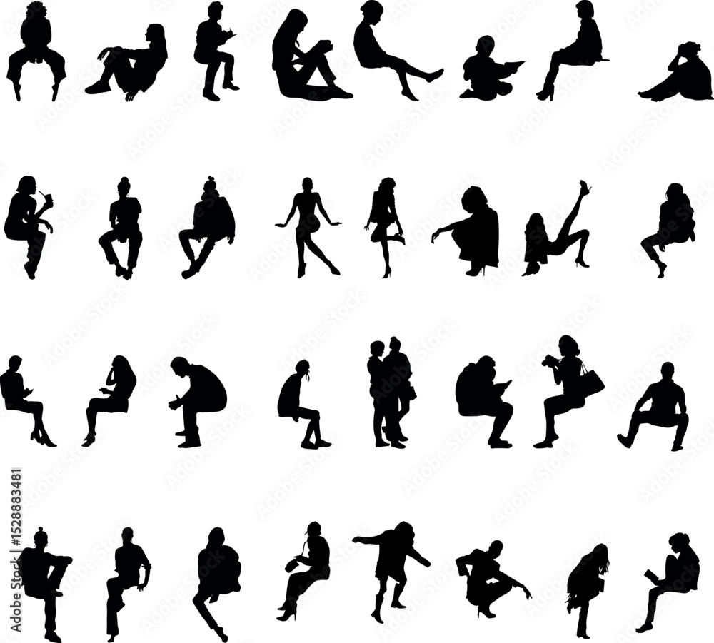 Obraz premium Black vector silhouettes of diverse individuals sitting and using digital devices. Ideal for concepts like online work, virtual meetings, distance education, tech lifestyle, and mobile productivity.