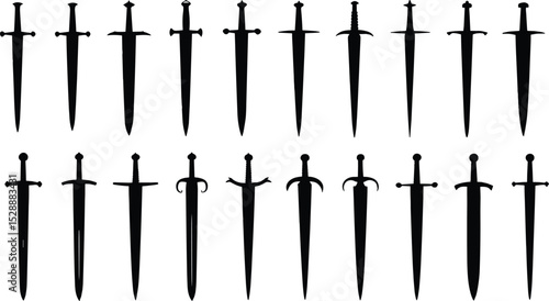 Collection of sword silhouettes, medieval weapon icons, fantasy blade vector set, knight armory elements, isolated black sword shapes design bundle