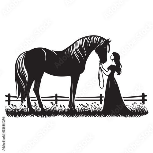 Woman and horse share a peaceful moment together in an open field