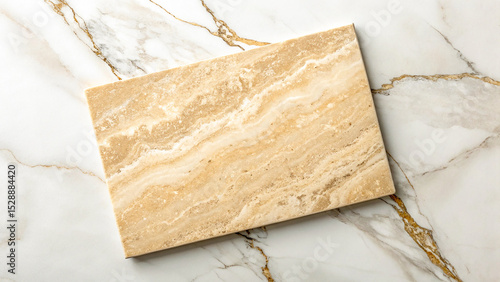 Travertine stone texture with marble background from top view, showcasing natural pores, soft veining, and earthy tones