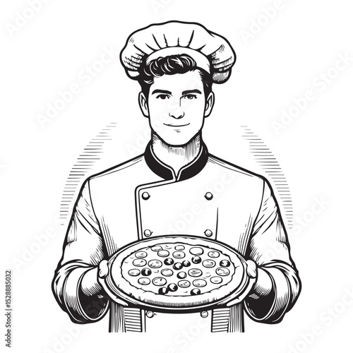 Professional chef hold pizza in his hand