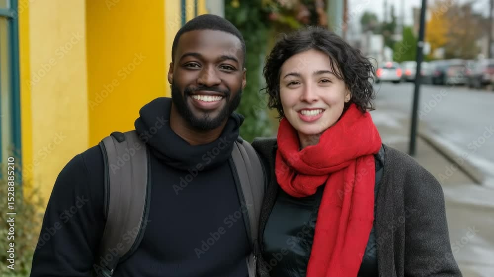 A man and a woman are smiling for the camera. The man is wearing a backpack and the woman is wearing a red scarf A man and a woman are smiling for the camera. The man is wearing a backpack and the woman is wearing a red scarf