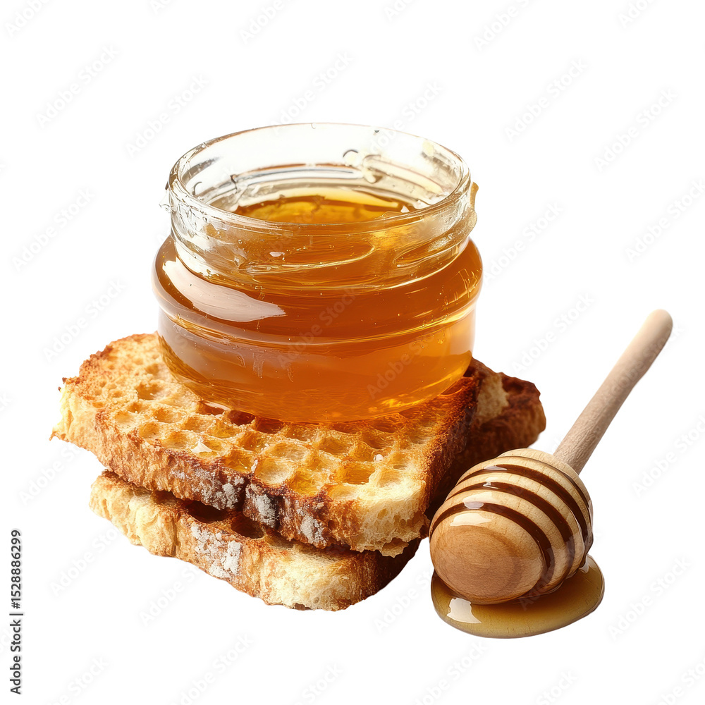 Delicious fresh honey drizzled on toasted biscuit with honey dipper on a white background, Fresh honey with toast biscuit on a white background Delicious fresh honey drizzled on toasted biscuit with honey dipper on a white background, Fresh honey with toast biscuit on a white background