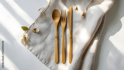Minimalist bamboo spoon, fork, and knife arranged on linen fabric with natural lighting and dried leaves. Ideal for eco-friendly and sustainable kitchen themes.