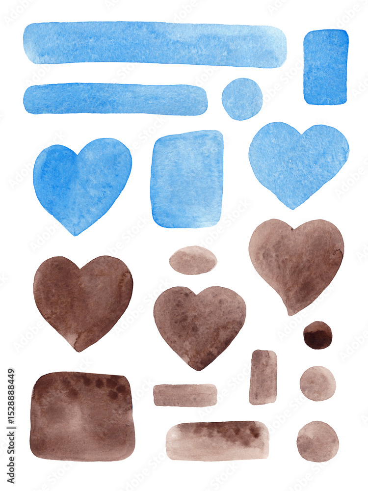 Fototapeta premium Abstract banner on white background. Blue and brown watercolor. Colorful elements: geometric shapes, hearts and dots. Minimal concept. Hand drawn. Great design for any purpose