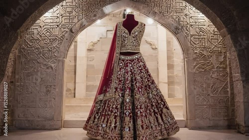 Ornate Indian Lehenga in Red and Gold with Mirror Work, Modeled in Decorative Archway
