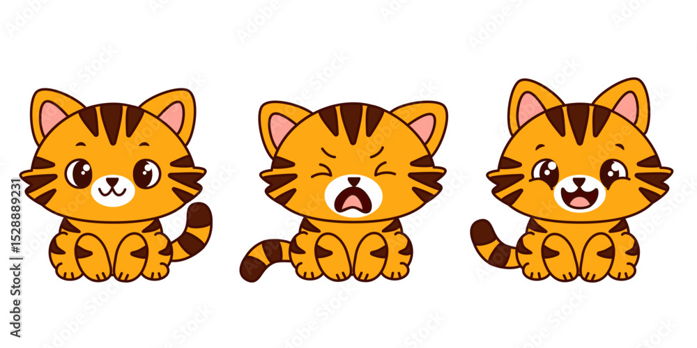 Obraz premium Three cute cartoon ginger kawaii kittens with different facial expressions: smiling, crying and happy. Each cat has different facial features and a playful design. Vector illustration