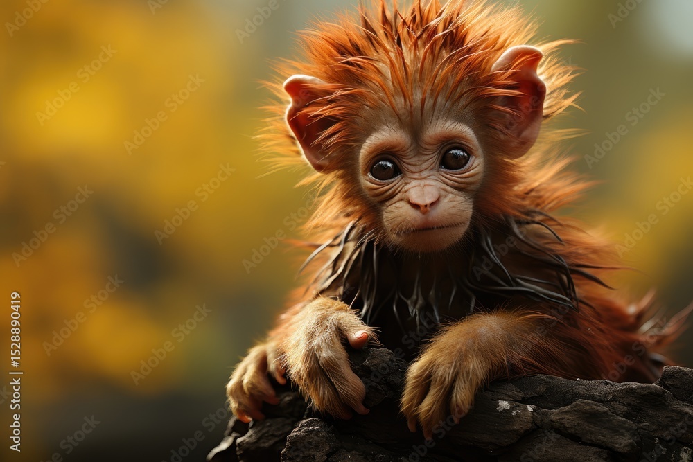 Fototapeta premium An adorable monkey with strikingly fluffy orange fur gazes innocently towards the camera from its natural habitat, showcasing the beauty of wildlife and nature.