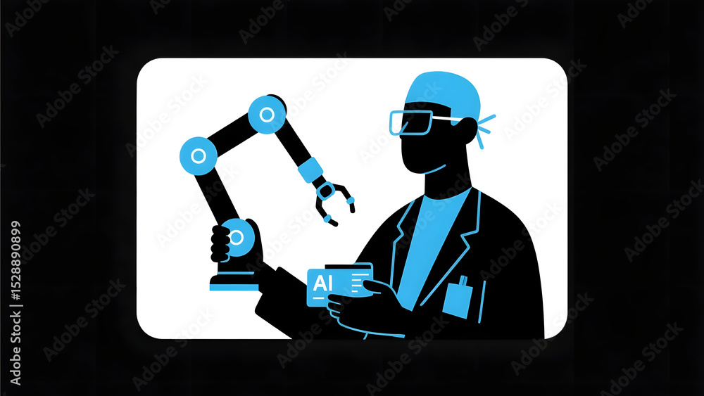 Flat vector of a black silhouette surgeon operating a robotic arm controlled by AI. Light blue robotic accents on joints, white background, modern and minimalistic style for surgical innovation themes Flat vector of a black silhouette surgeon operating a robotic arm controlled by AI. Light blue robotic accents on joints, white background, modern and minimalistic style for surgical innovation themes
