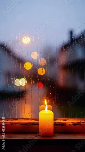 Candlelit tranquility glows through a rain-soaked window in evening light