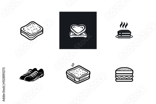Six simple black and white food and sports icons