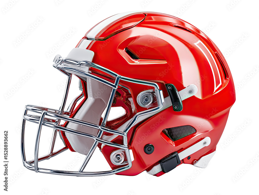 Fototapeta premium Red Football Helmet: An eye-level shot showcases a gleaming, red football helmet, meticulously detailed with its protective grill and design elements, epitomizing sporting equipment and competition.