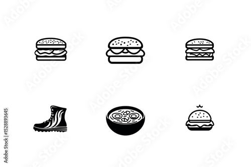 Simple black and white icons of burgers soup and boot