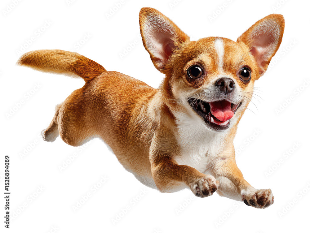 Obraz premium Chihuahua in Flight: Capture the essence of joy with this lively Chihuahua, its playful spirit evident as it bounds with unrestrained glee, embodying the pure joy of canine companionship.