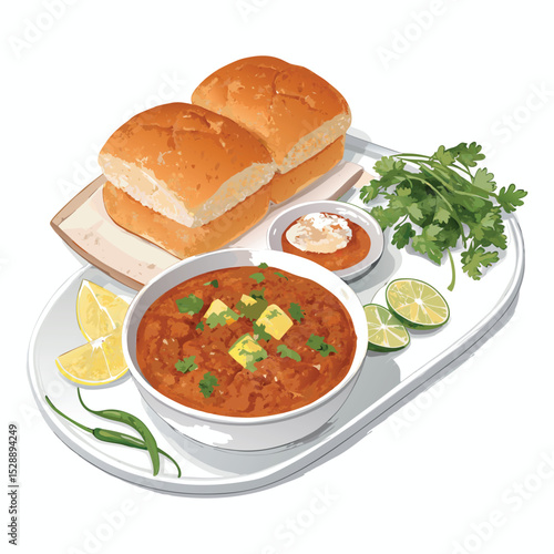 Pav bhaji with bread, onion and butter , indian food