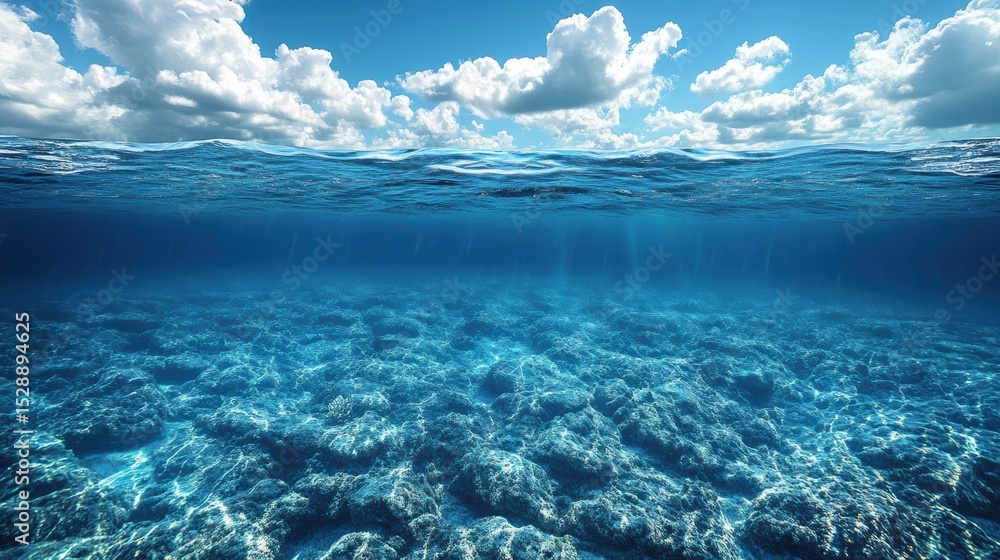 Underwater view of tranquil ocean blue seascape with bright sky fluffy white clouds rocky bottom Underwater view of tranquil ocean blue seascape with bright sky fluffy white clouds rocky bottom