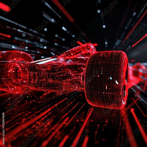 Dynamic futuristic race car model with red glowing lines and digital grid structure on black reflective background