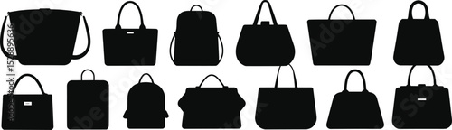 Assorted Bag Silhouettes: Stylish Handbags, Totes, and Purses, Perfect for Fashion, Accessories, Shopping, and Retail Design Projects